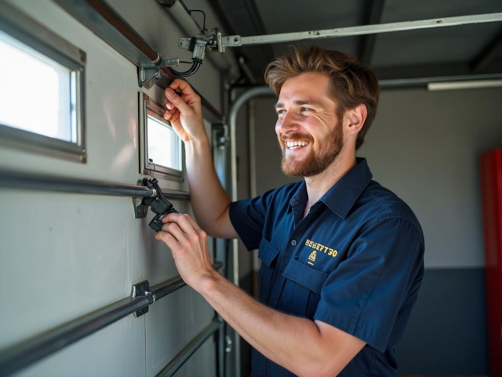 Professional garage door technician inspecting door mechanism with expertise and care
